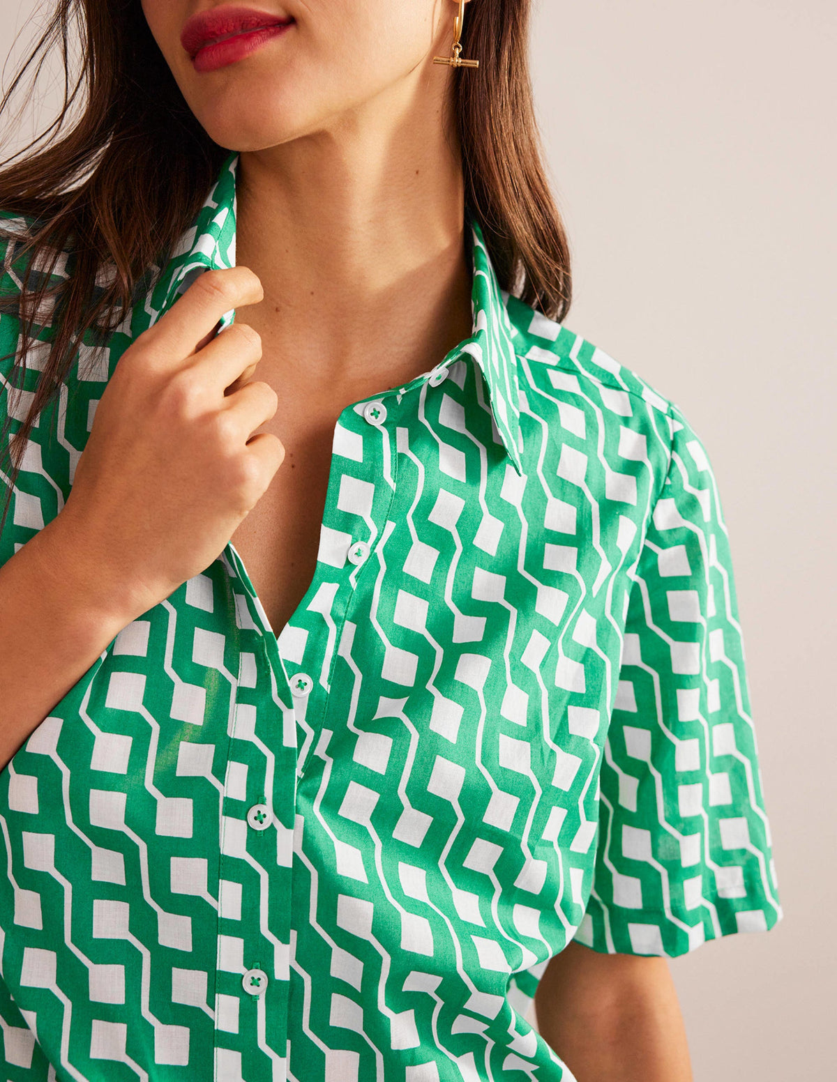 Short Sleeve Cotton Shirt-Bright Emerald, Cube Geo - Image 2