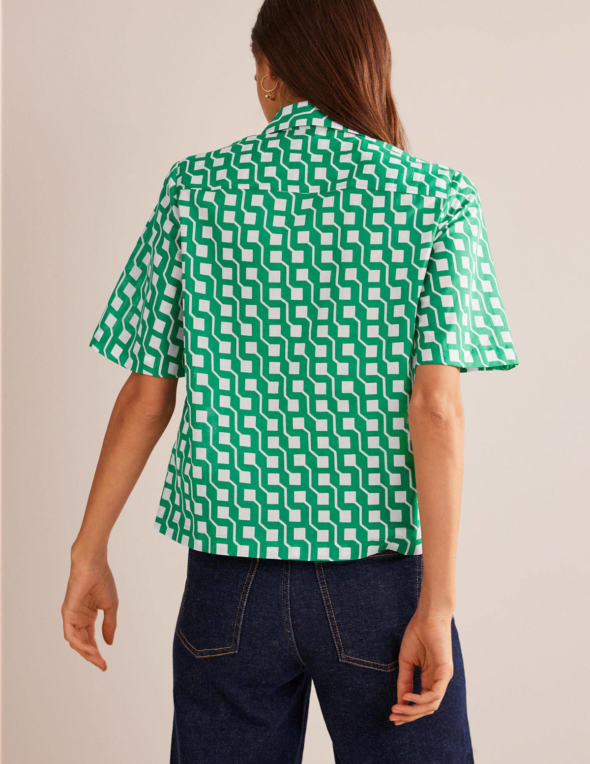 Short Sleeve Cotton Shirt-Bright Emerald, Cube Geo - Image 3