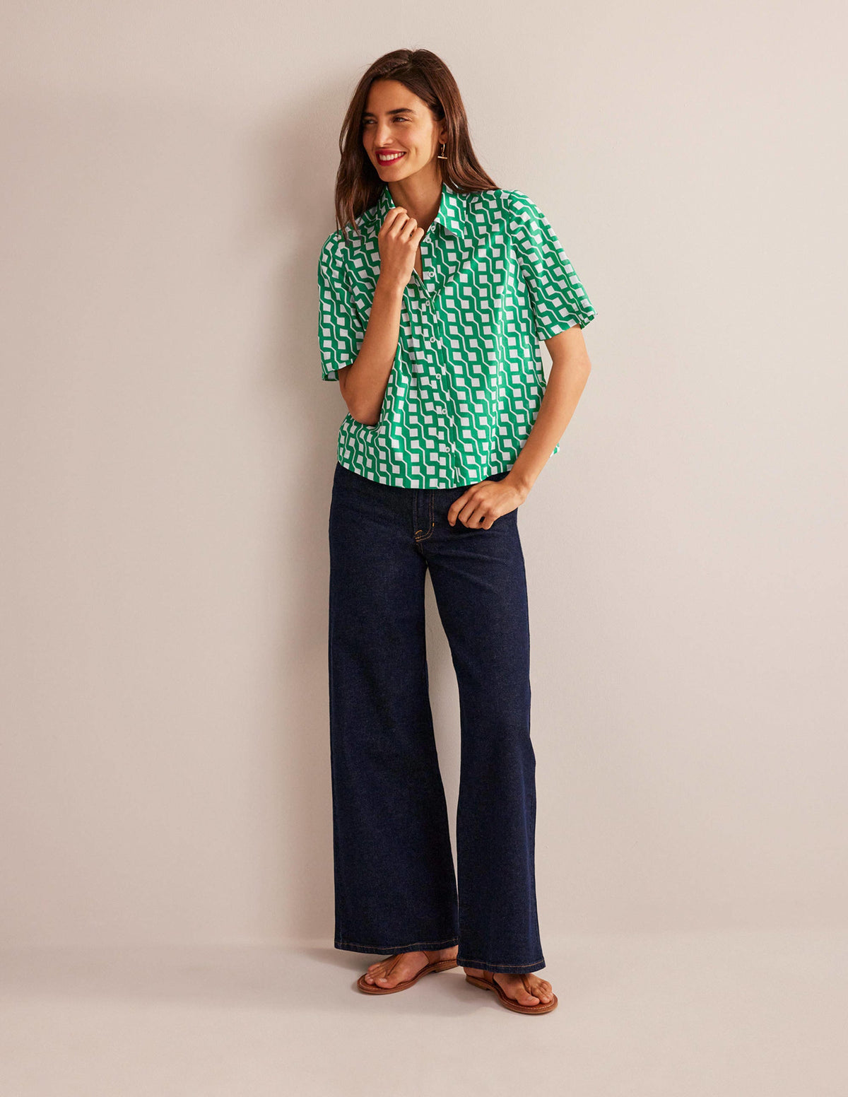 Short Sleeve Cotton Shirt-Bright Emerald, Cube Geo - Image 4