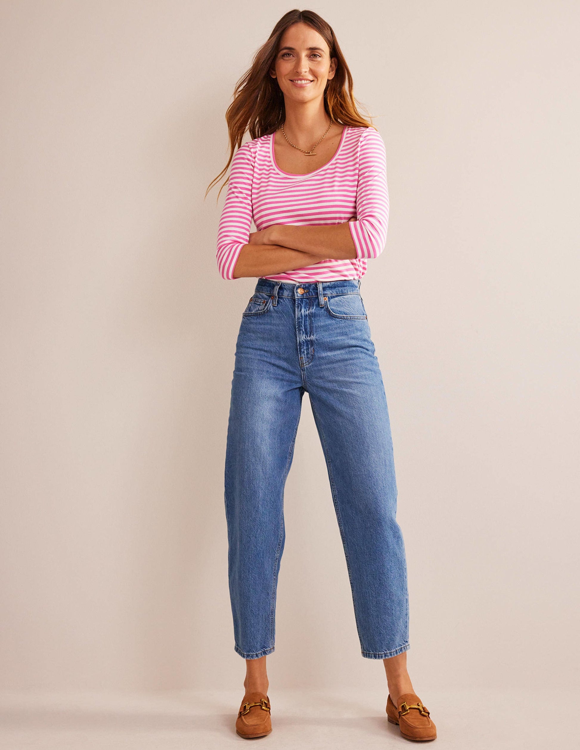 ¾-langes Oberteil mit tiefem Rundhalsausschnitt-Naturweiß, Rosa-4