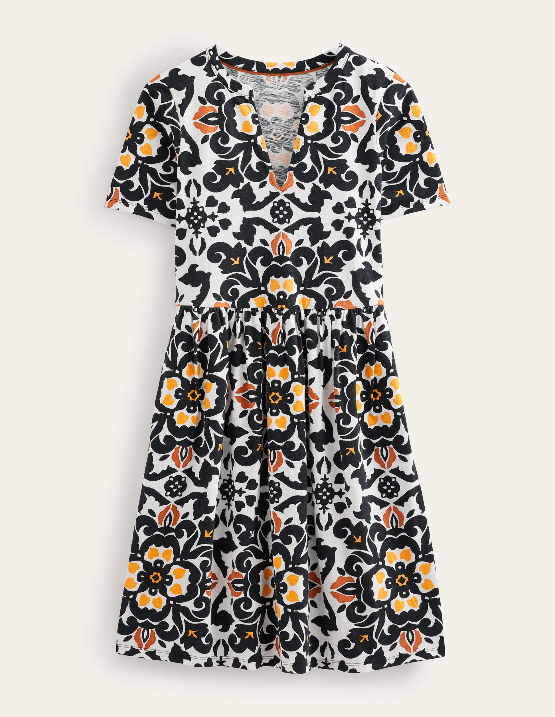 Einfaches Jerseykleid mit gekerbtem Ausschnitt-Schwarz, Üppige Blumen-5