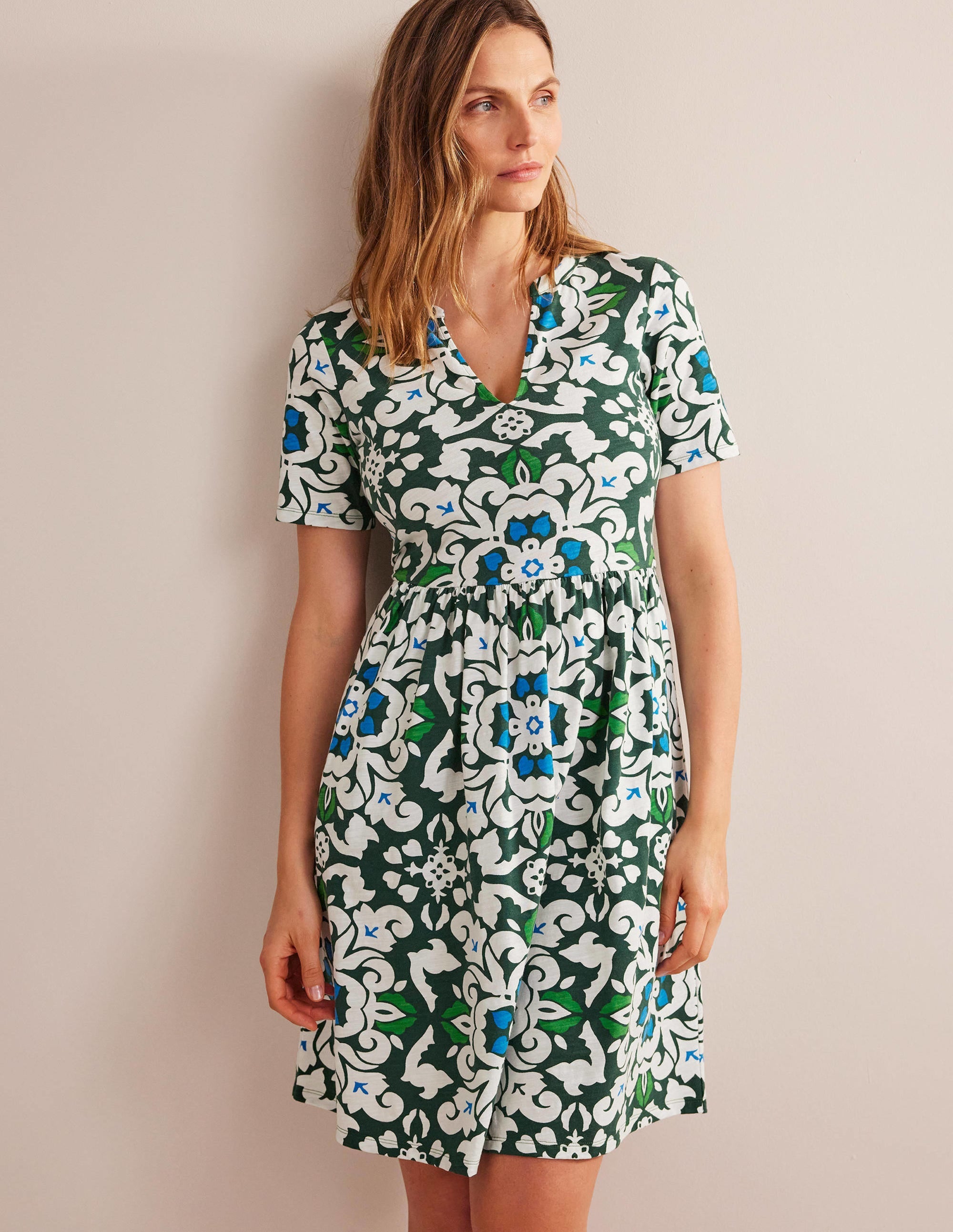 Easy Notch Neck Jersey Dress-Trekking Green, Opulent Pome - Image 1
