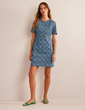 Mini-robe fourreau en coton-Bleu pied-d'alouette, motif Azure Geo