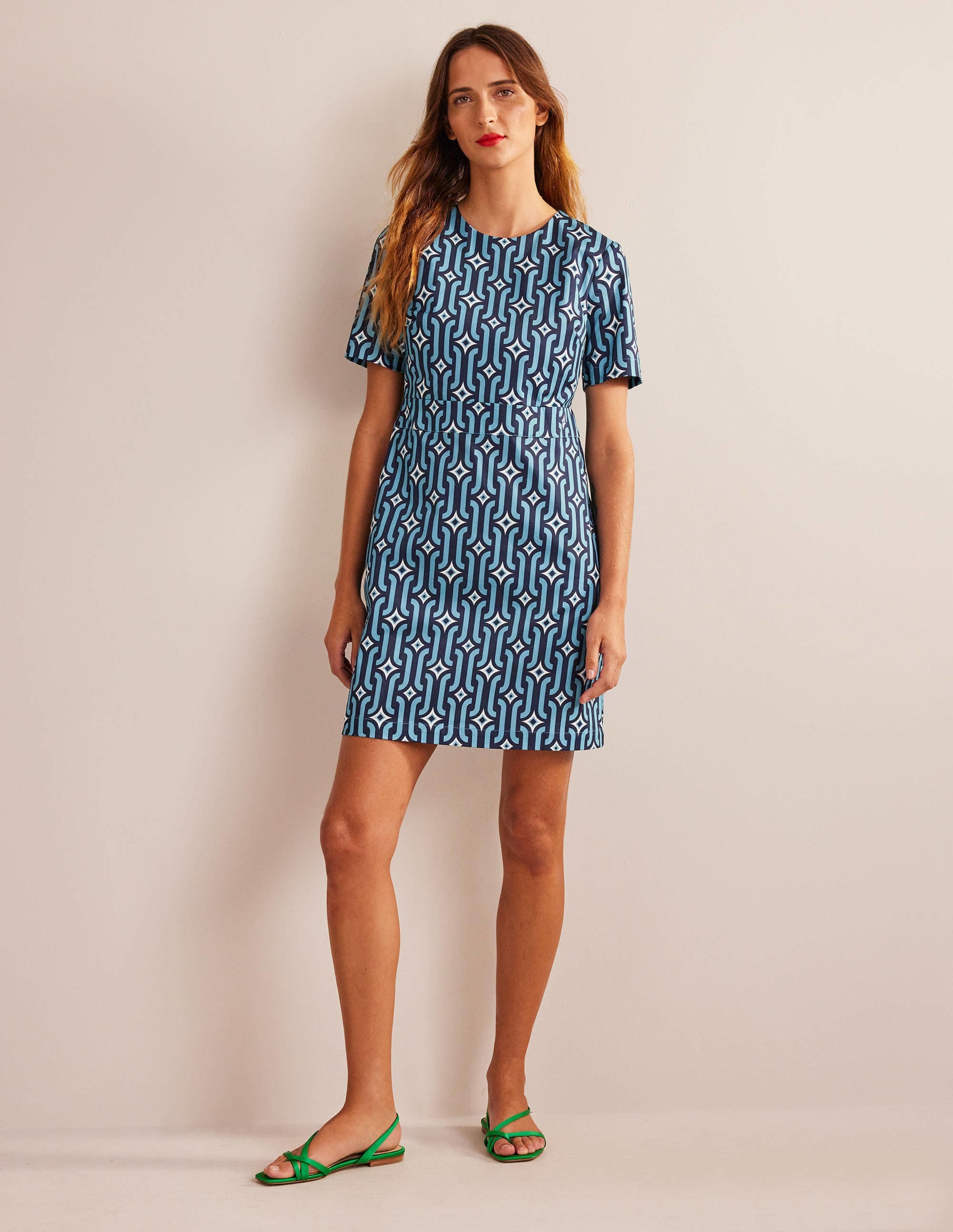 Mini-robe fourreau en coton-Bleu pied-d'alouette, motif Azure Geo - Image 1