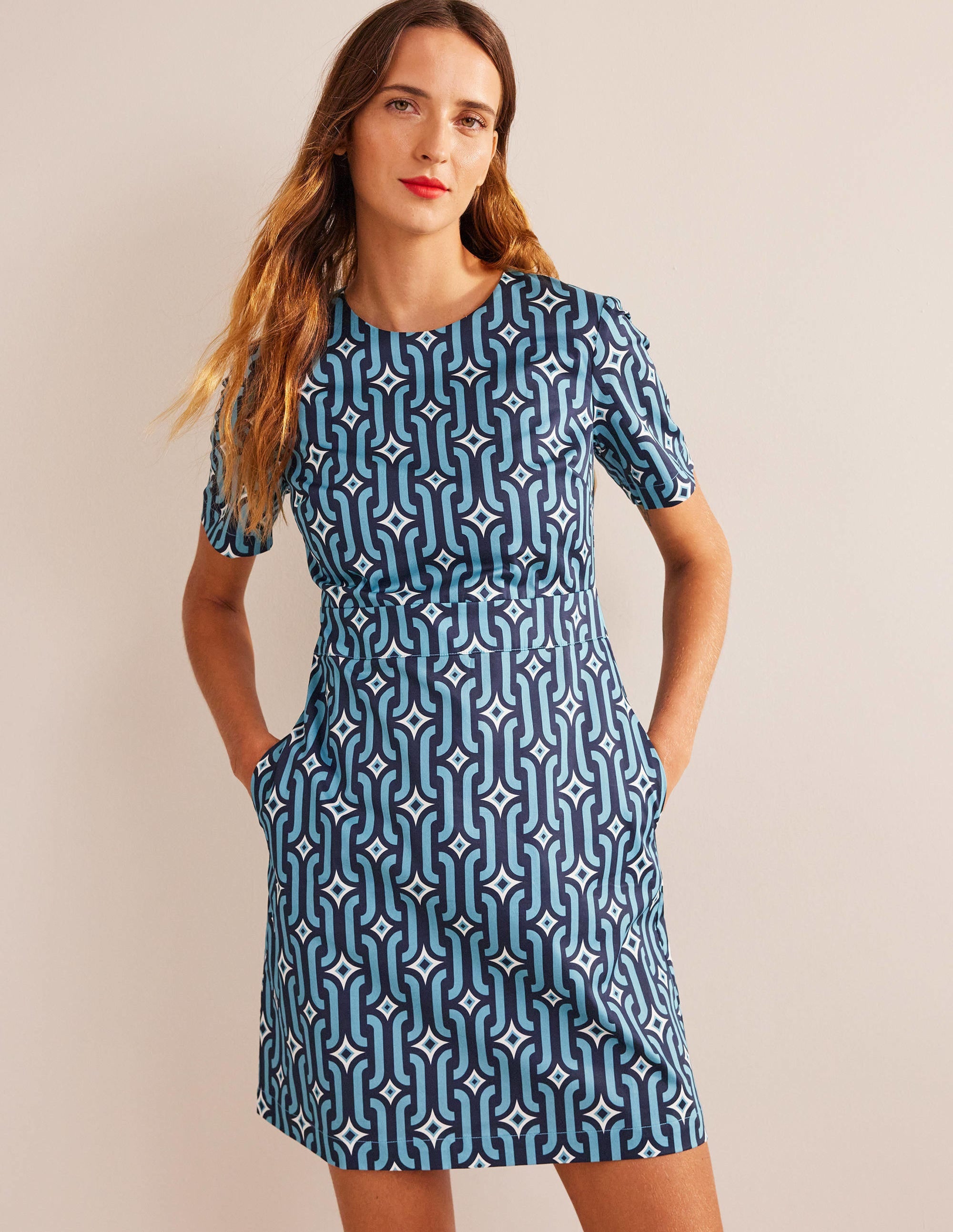 Mini-robe fourreau en coton-Bleu pied-d'alouette, motif Azure Geo - Image 4