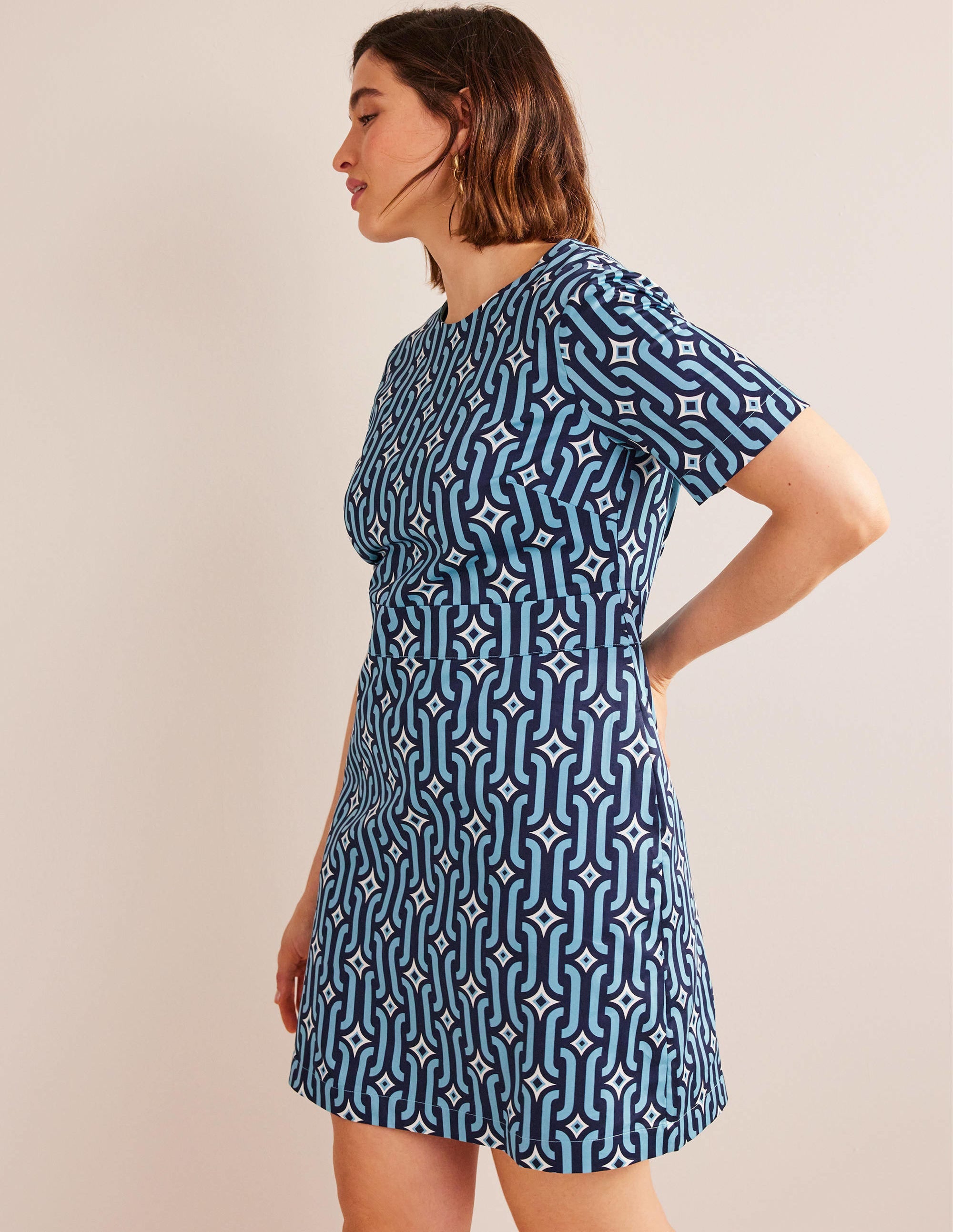 Mini-robe fourreau en coton-Bleu pied-d'alouette, motif Azure Geo - Image 5