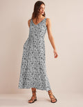 Robe longue col V en jersey-Noir, motif Gardenia Sprig