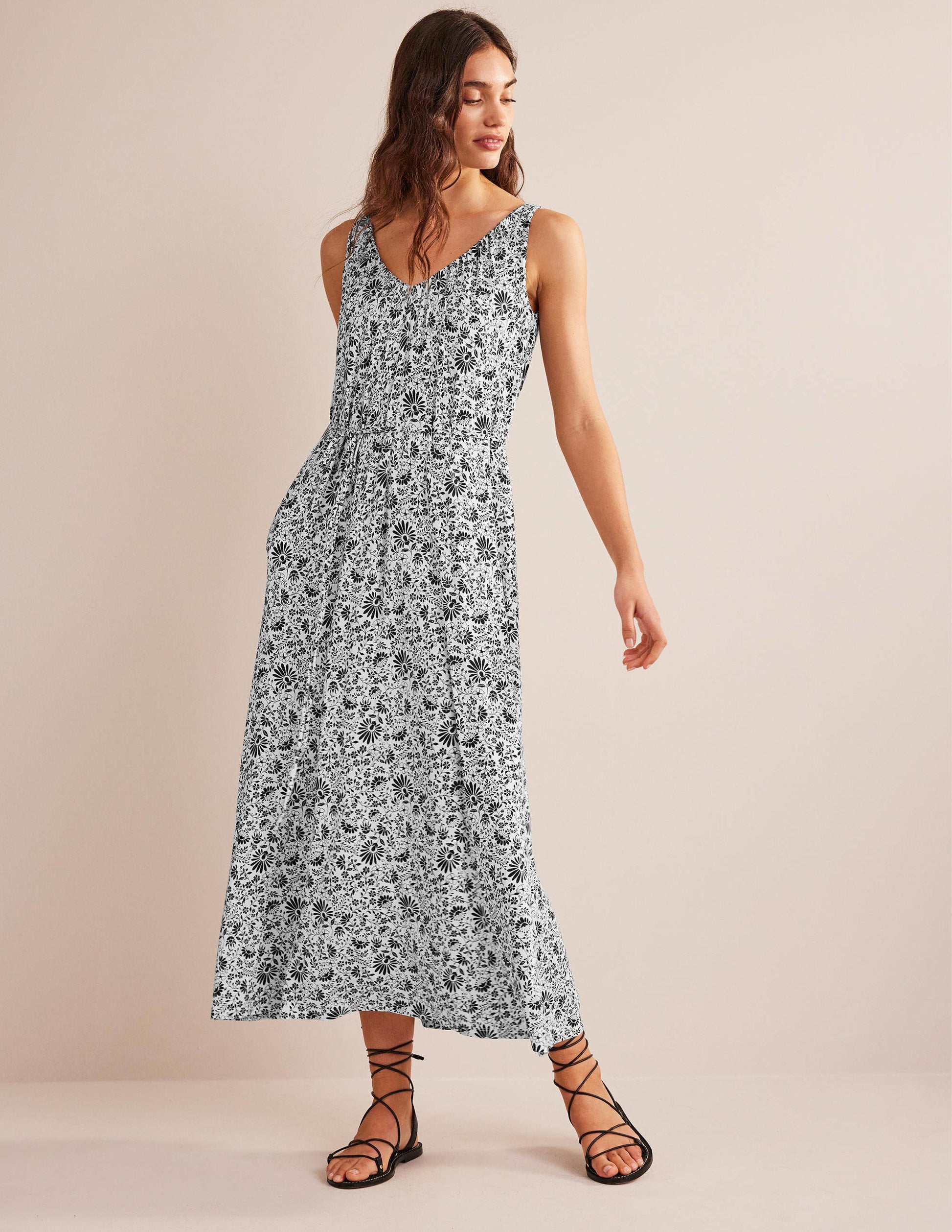 Robe longue col V en jersey-Noir, motif Gardenia Sprig-1
