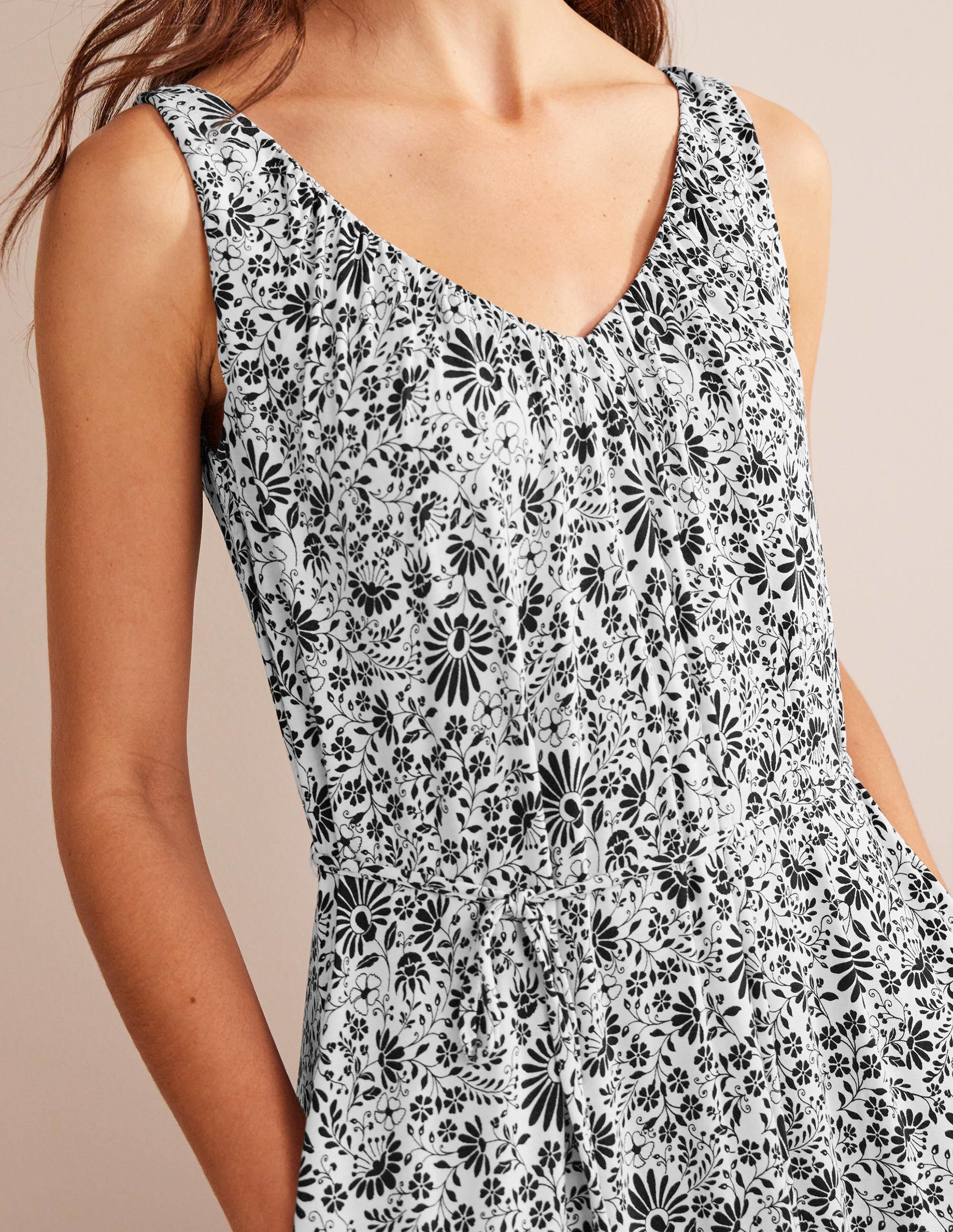 Robe longue col V en jersey-Noir, motif Gardenia Sprig - Image 2