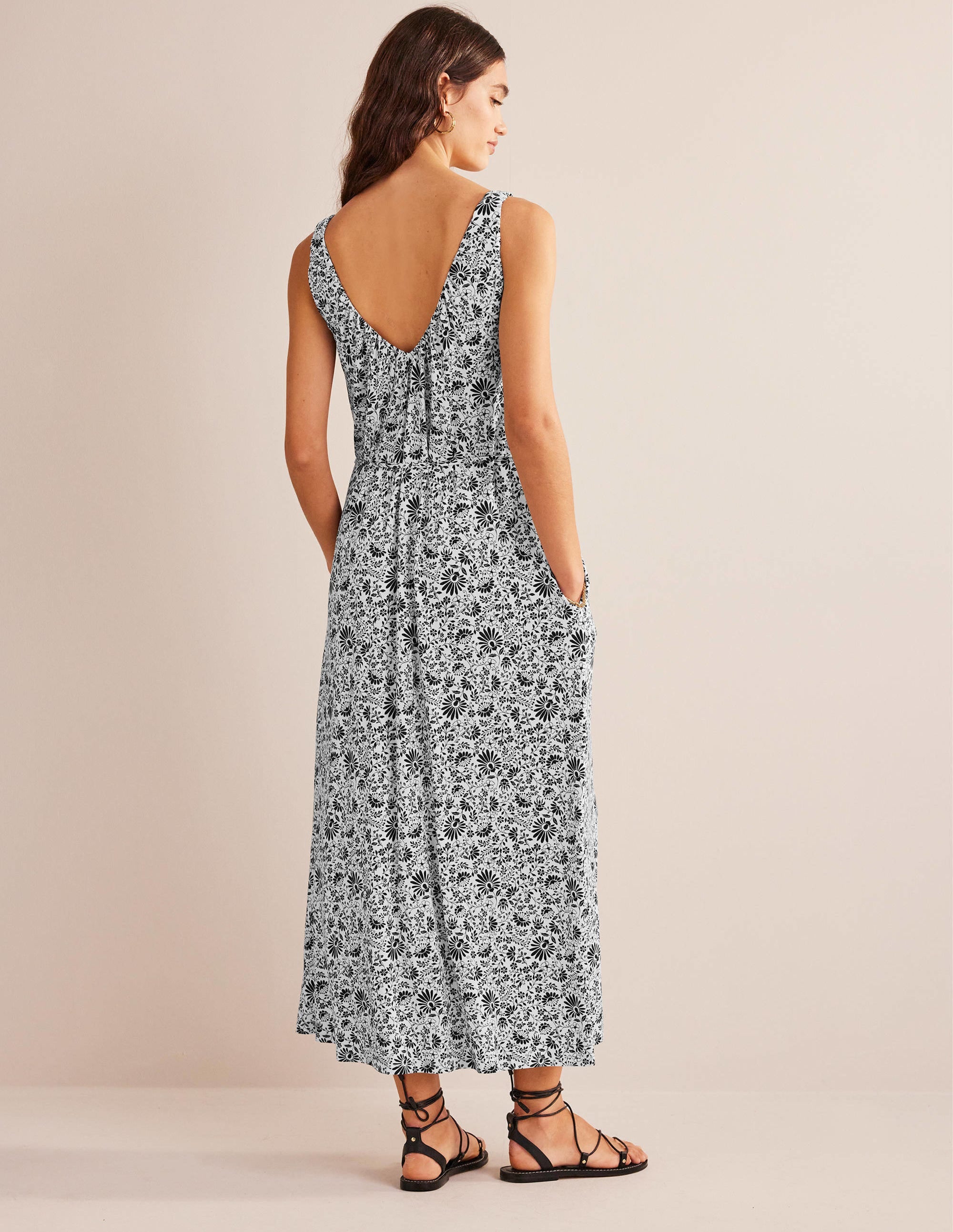 Robe longue col V en jersey-Noir, motif Gardenia Sprig - Image 3