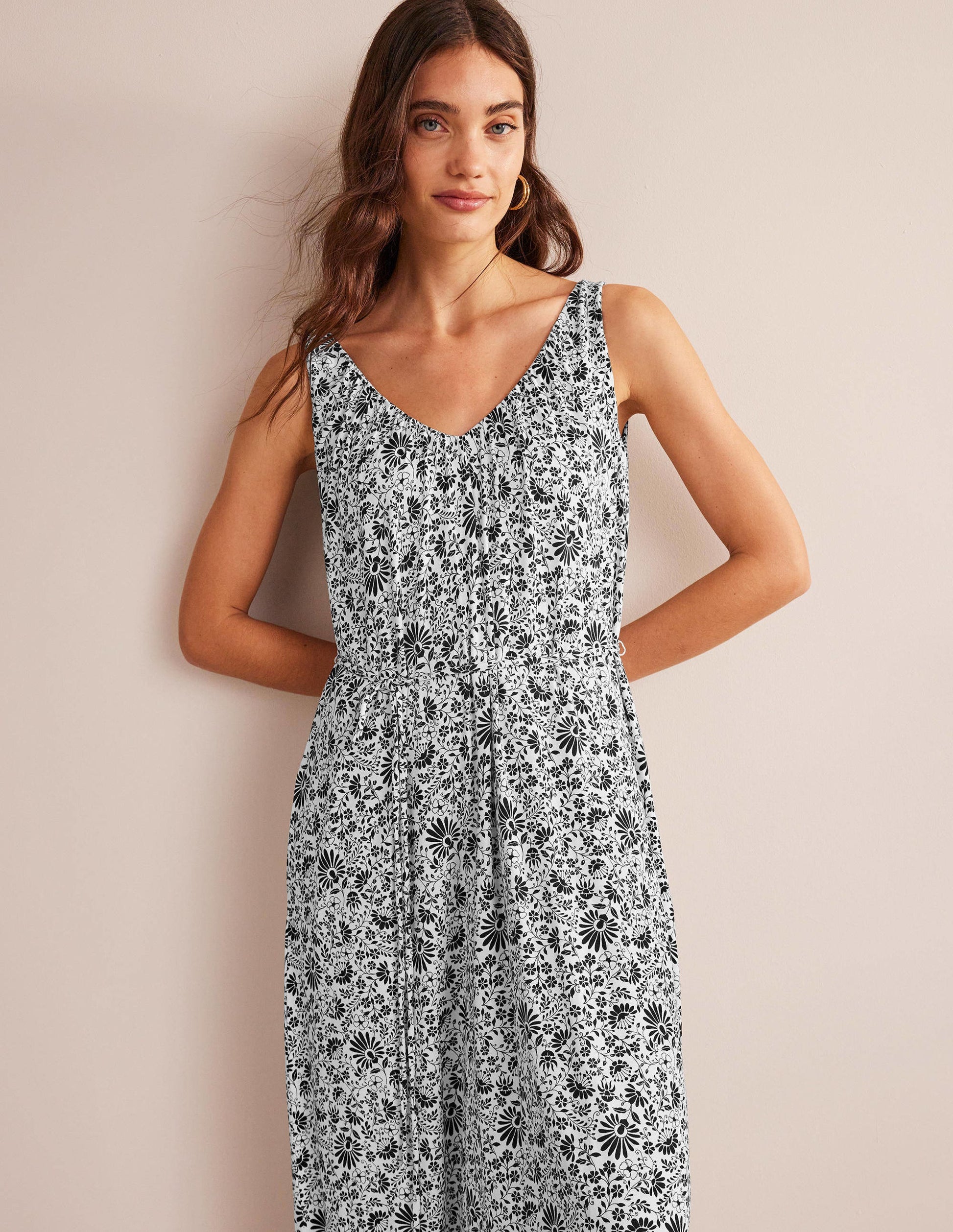 Robe longue col V en jersey-Noir, motif Gardenia Sprig-4