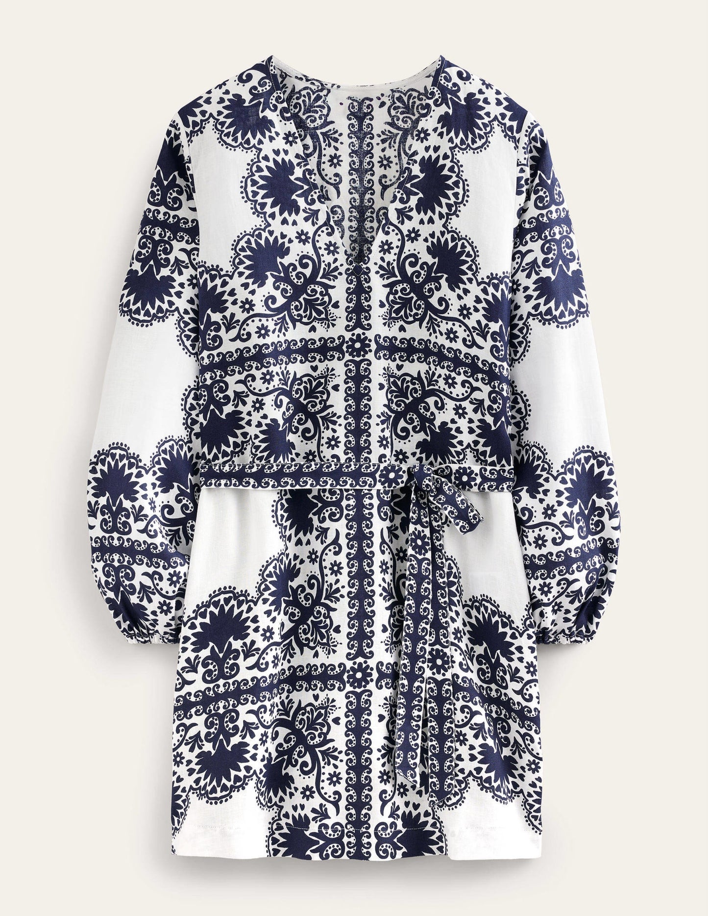 V-Neck Tie Waist Mini Kaftan-Navy, Milos Terrace