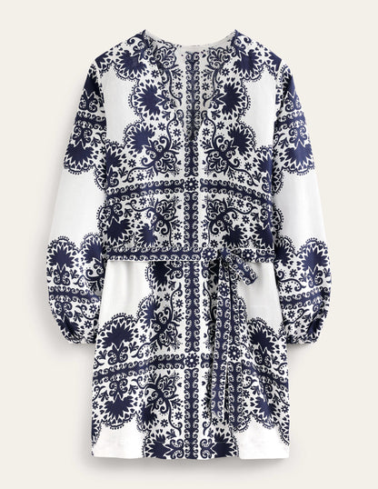 V-Neck Tie Waist Mini Kaftan-Navy, Milos Terrace