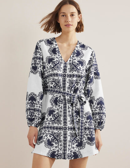V-Neck Tie Waist Mini Kaftan-Navy, Milos Terrace