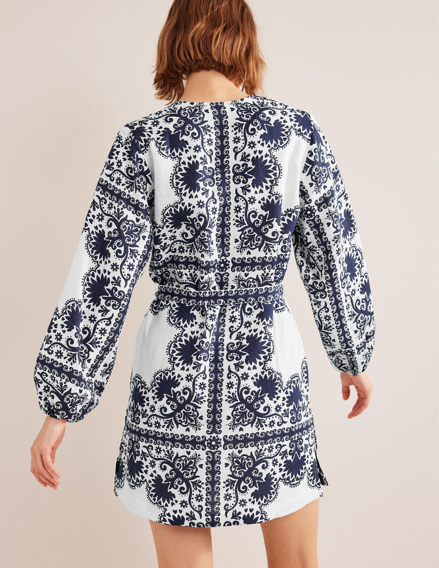 V-Neck Tie Waist Mini Kaftan-Navy, Milos Terrace