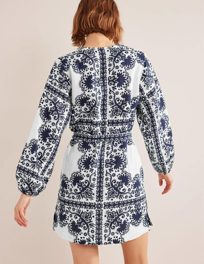 V-Neck Tie Waist Mini Kaftan-Navy, Milos Terrace