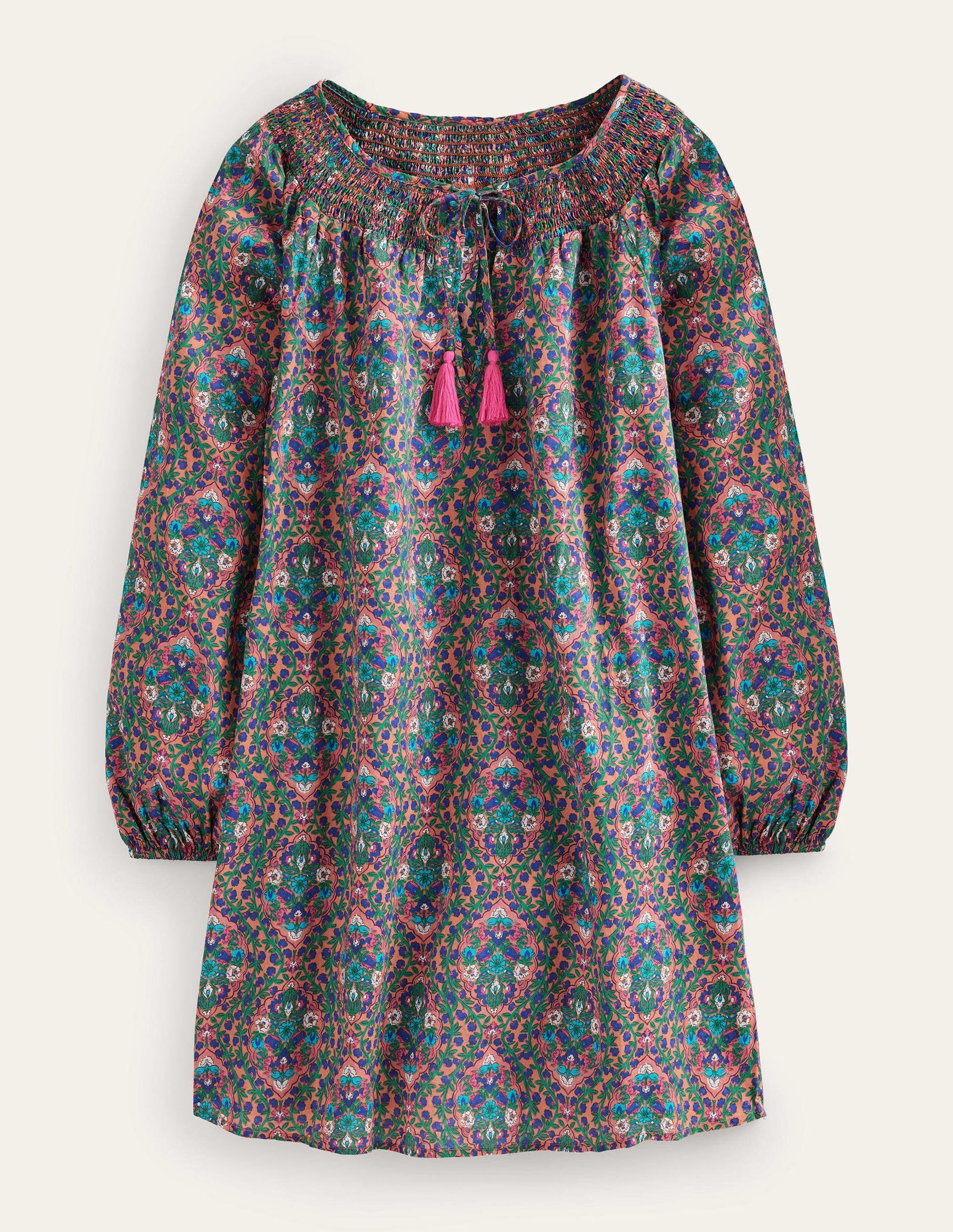 Caftan de plage à col smocké-Multicolore, motif Vine Terrace-5