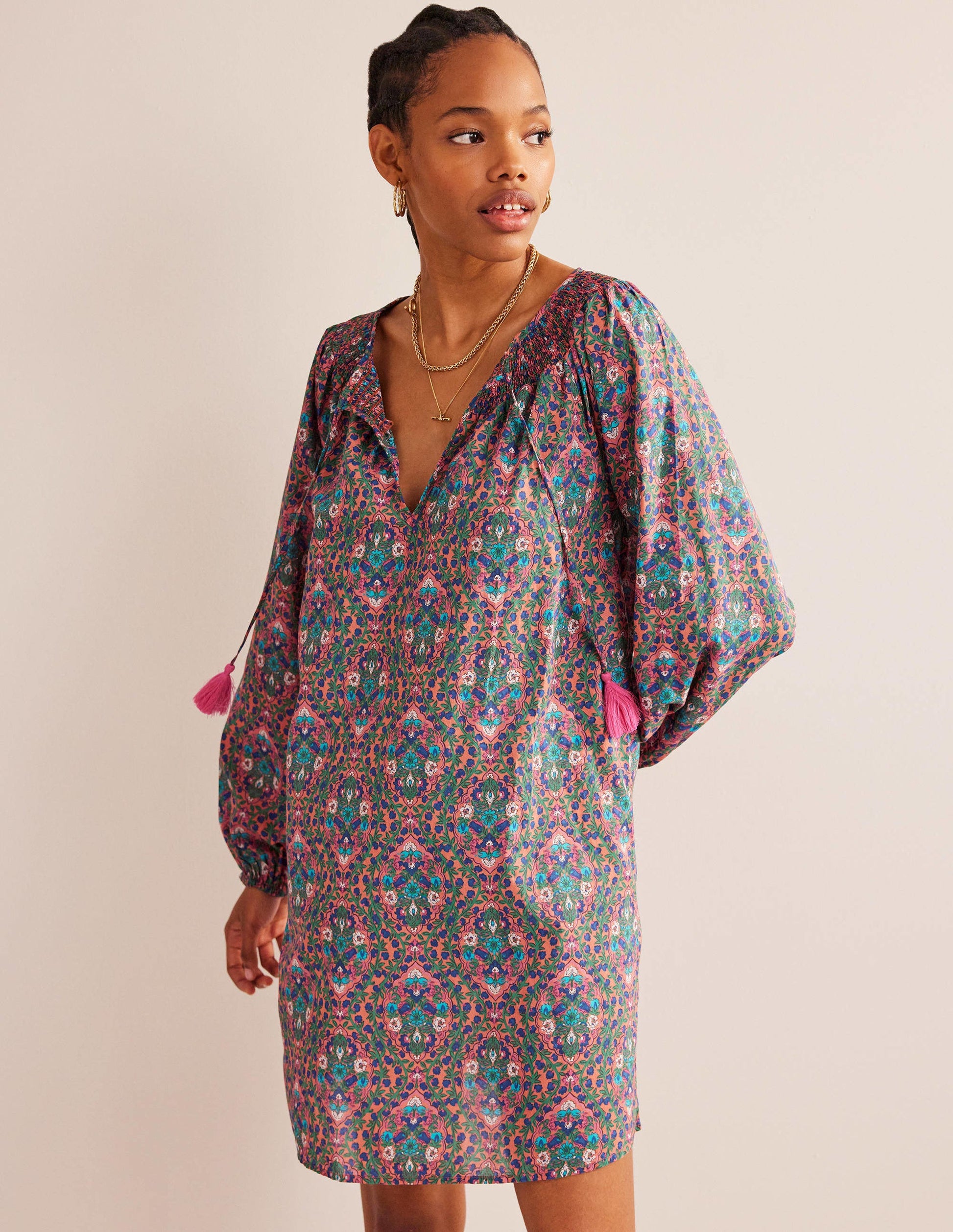 Caftan de plage à col smocké-Multicolore, motif Vine Terrace-1