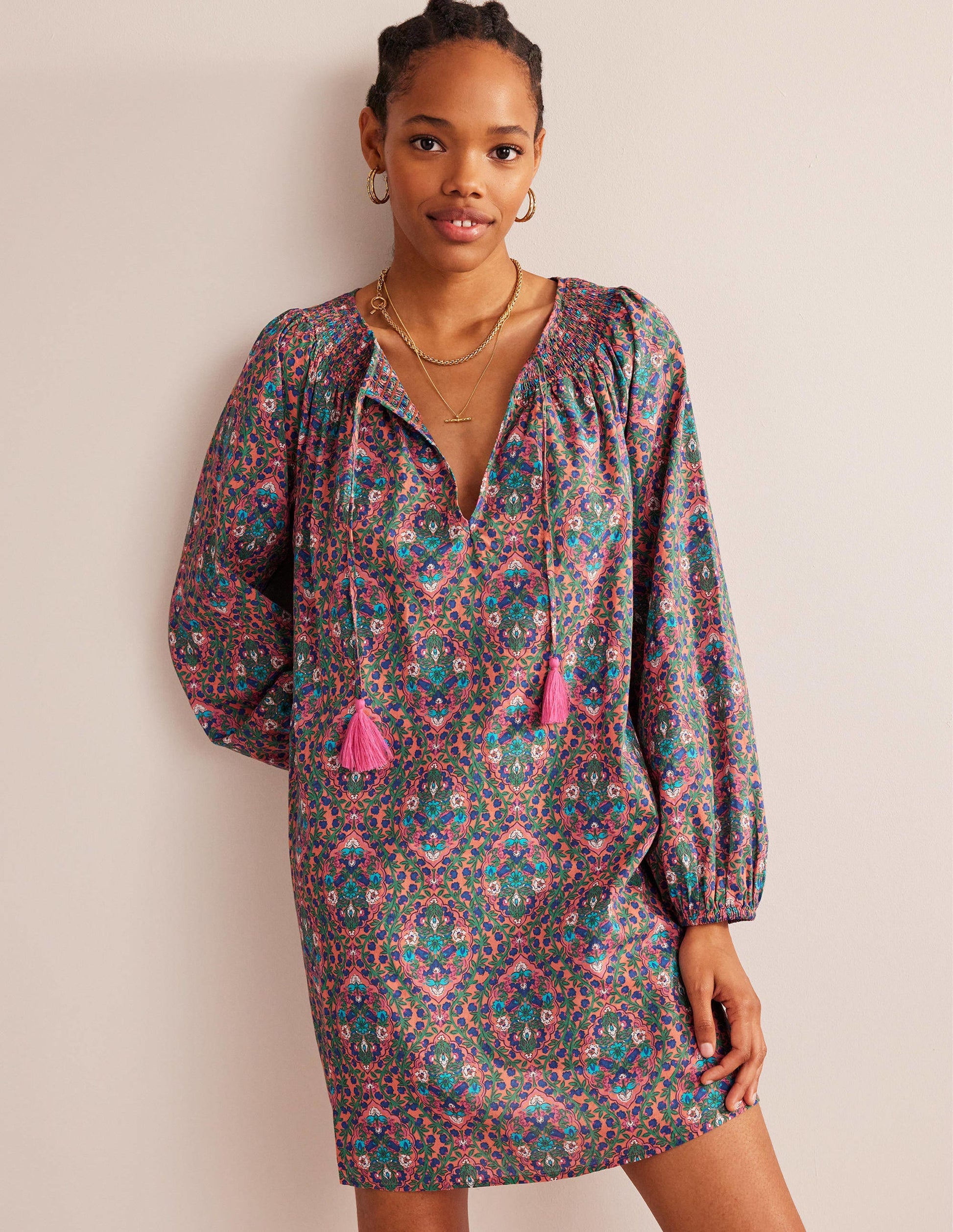Caftan de plage à col smocké-Multicolore, motif Vine Terrace-4