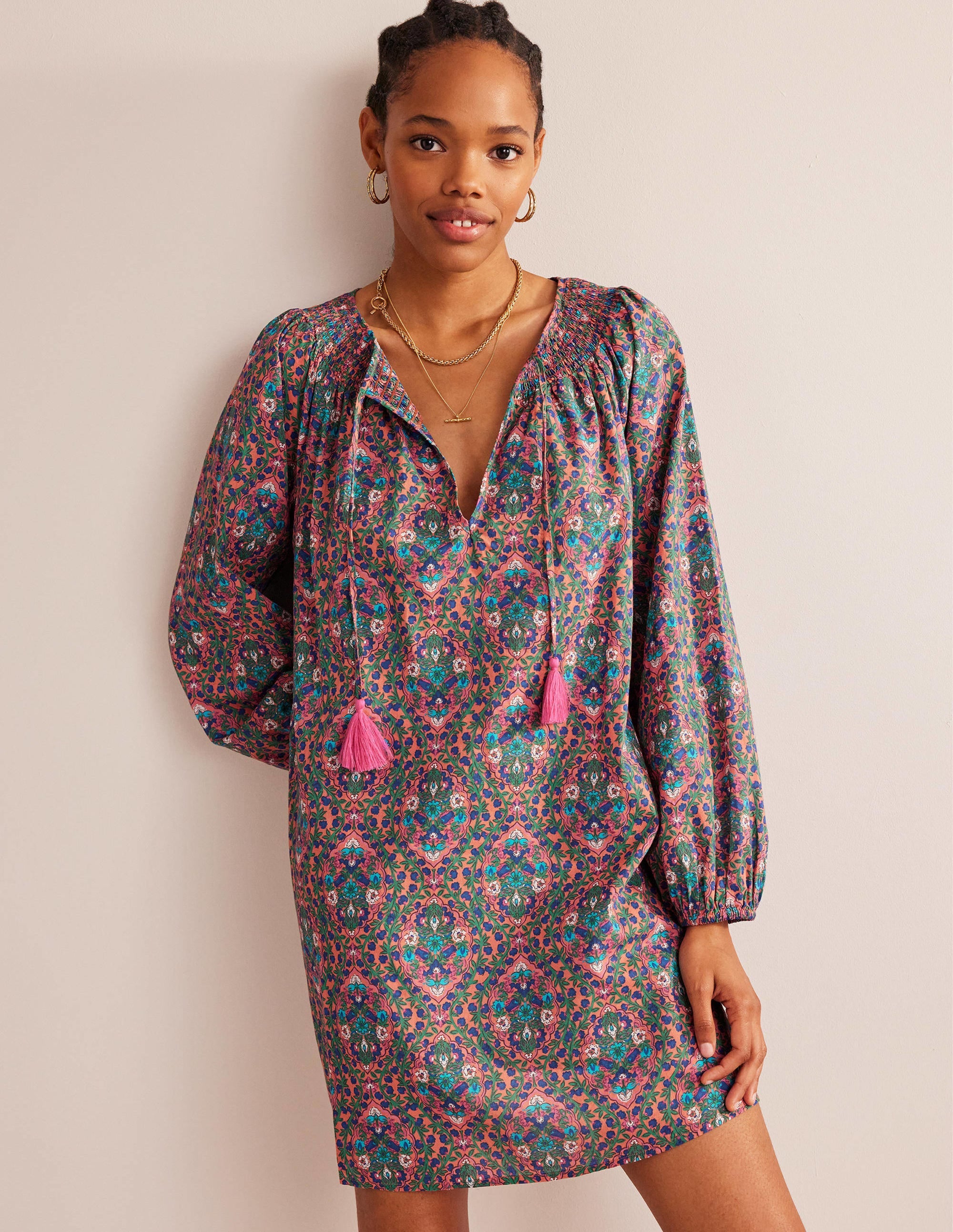 Caftan de plage à col smocké-Multicolore, motif Vine Terrace - Image 4