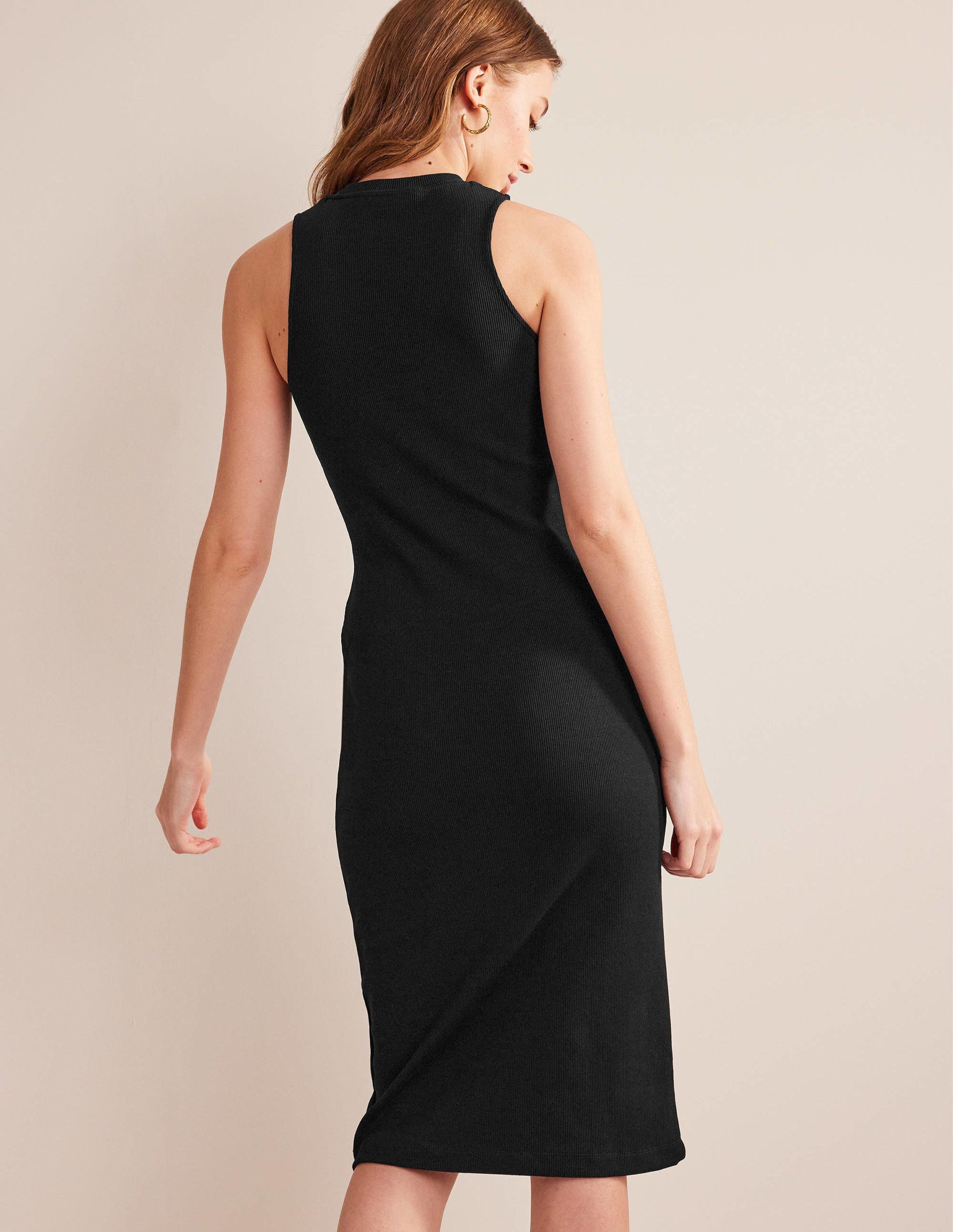 Rippstrick-Midikleid aus Jersey mit Racer-Ausschnitt-Schwarz-3