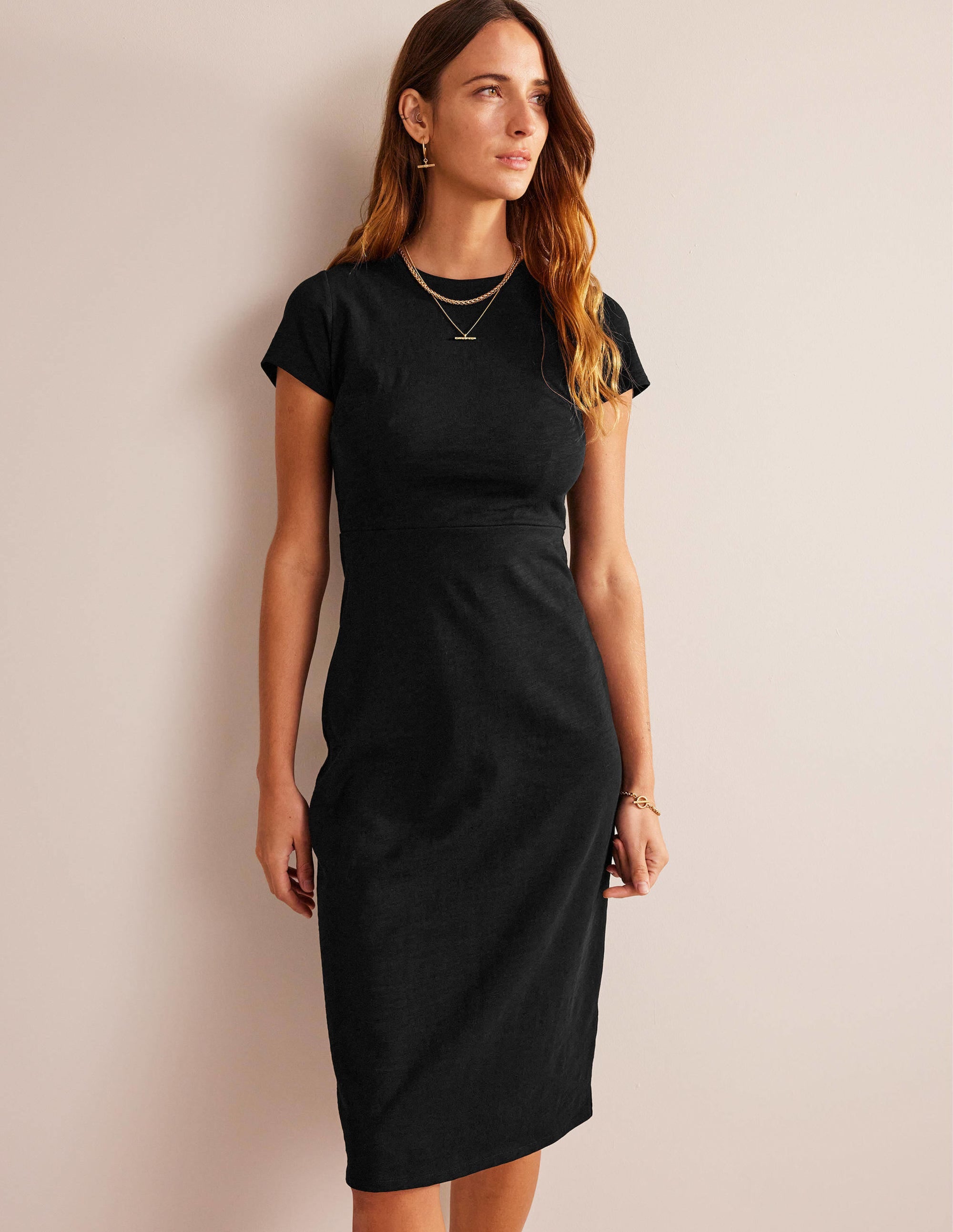 Jersey-Midikleid mit Stoffbahnen-Schwarz - Image 1