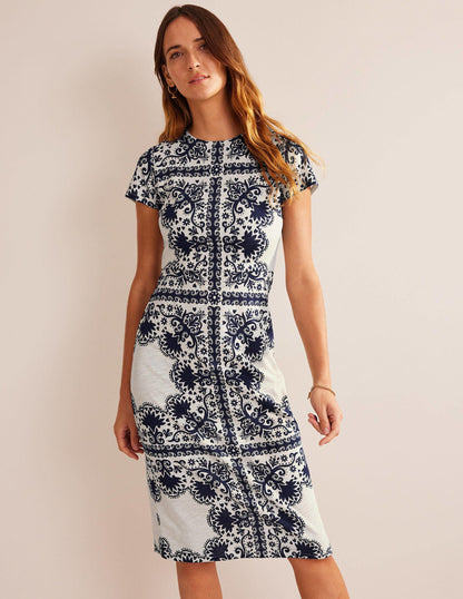 Jersey-Midikleid mit Stoffbahnen-Marineblau, Blumenmuster-1