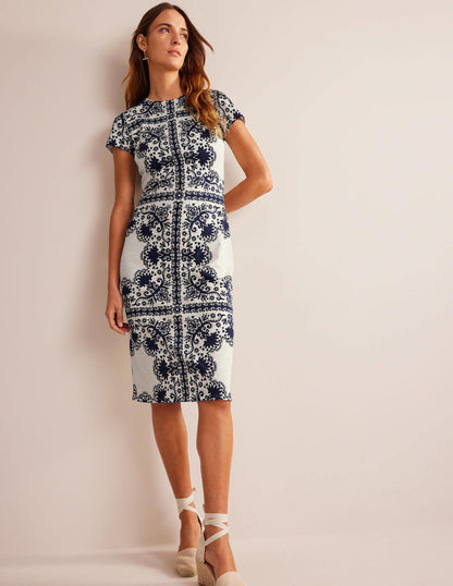Jersey-Midikleid mit Stoffbahnen-Marineblau, Blumenmuster-4