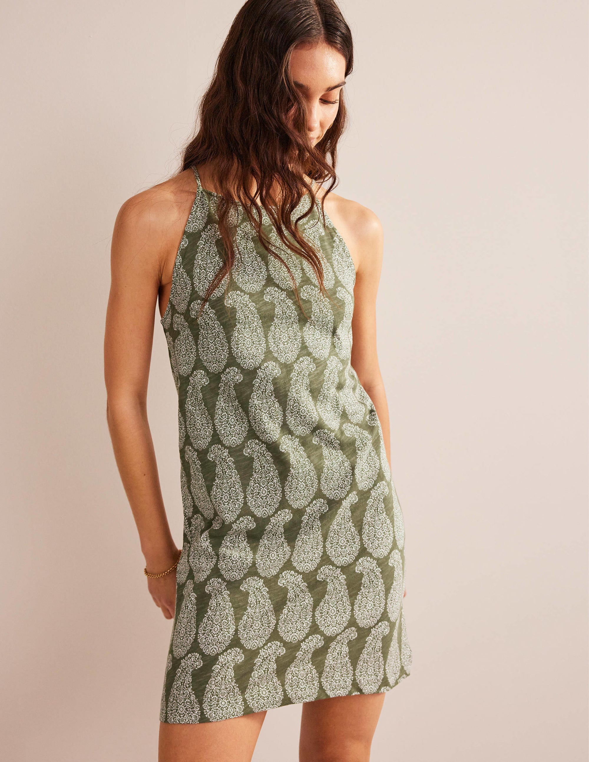 Jersey-Minikleid mit Racer-Ausschnitt-Fichtengrün, Paisleymuster - Image 4