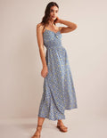 Robe midi torsadée sur le devant en jersey-Bleu héron, motif Flora Tile
