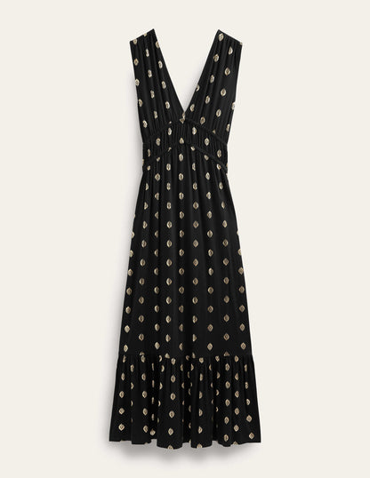 Jersey-Maxikleid mit Smokdetails-Schwarz, Blattmuster