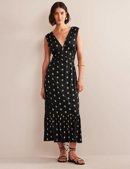 Jersey-Maxikleid mit Smokdetails-Schwarz, Blattmuster