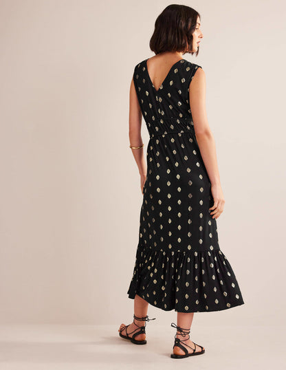 Jersey-Maxikleid mit Smokdetails-Schwarz, Blattmuster