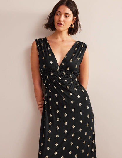 Jersey-Maxikleid mit Smokdetails-Schwarz, Blattmuster