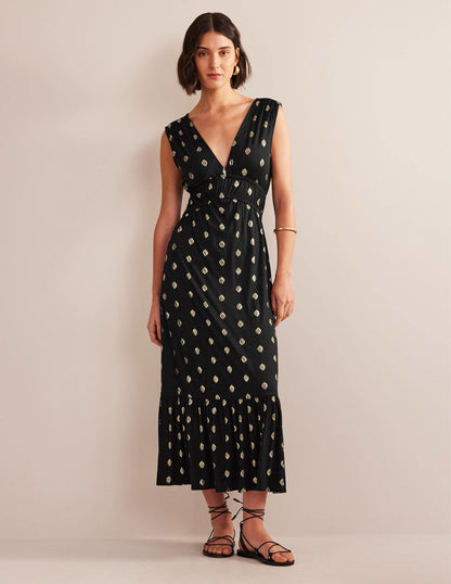 Jersey-Maxikleid mit Smokdetails-Schwarz, Blattmuster