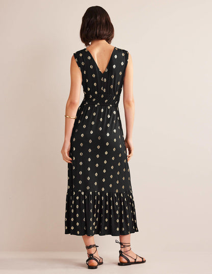Jersey-Maxikleid mit Smokdetails-Schwarz, Blattmuster