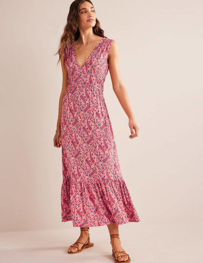 Jersey-Maxikleid mit Smokdetails-Beerenrosa, Paisleyblüten-1