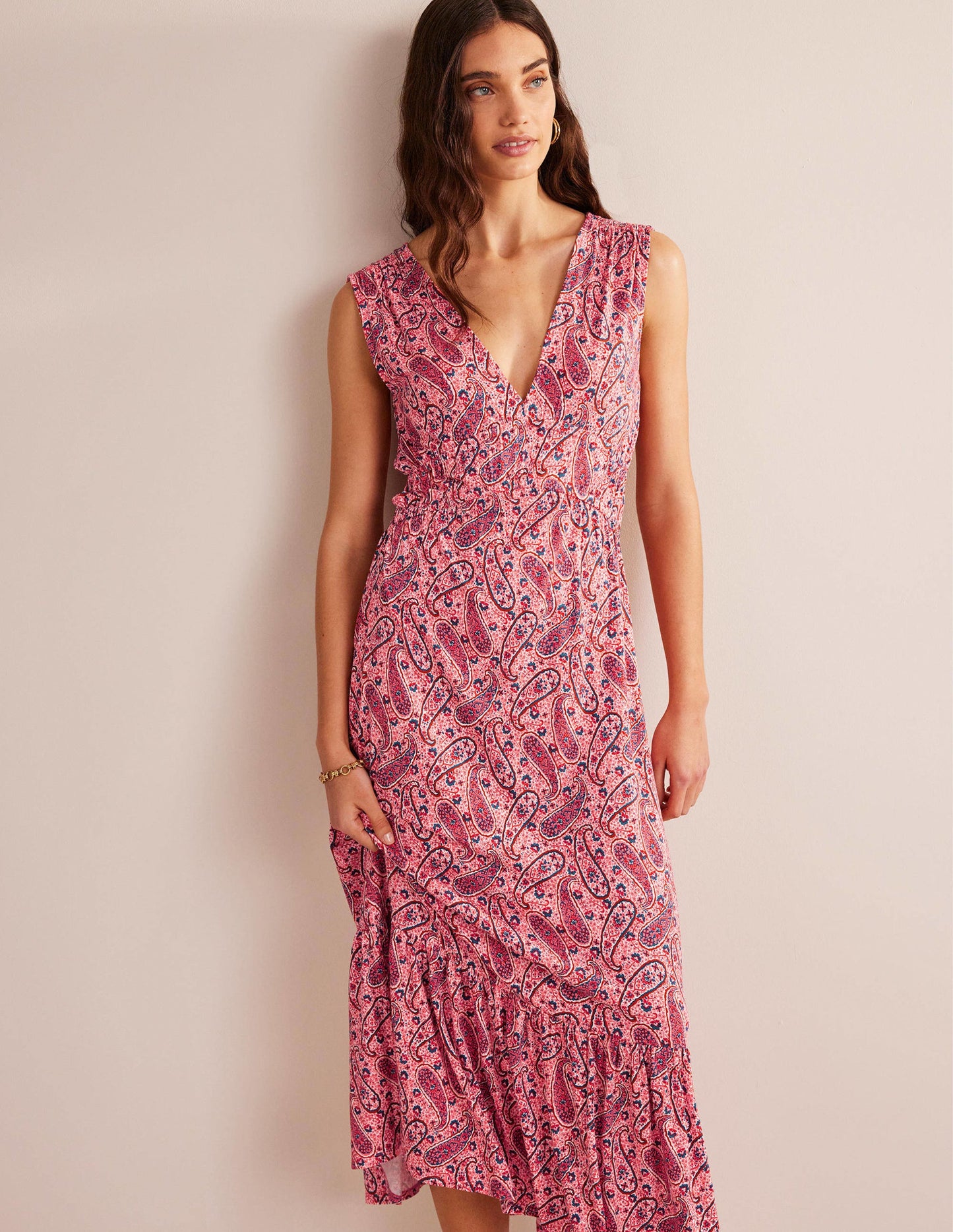 Jersey-Maxikleid mit Smokdetails-Beerenrosa, Paisleyblüten