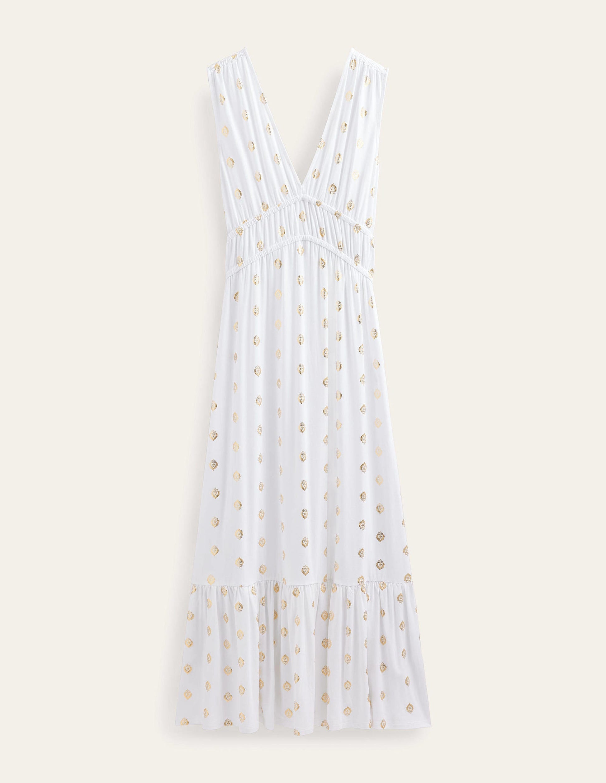 Robe longue en jersey à smocks-Blanc, motif Tranquil Leaf-6