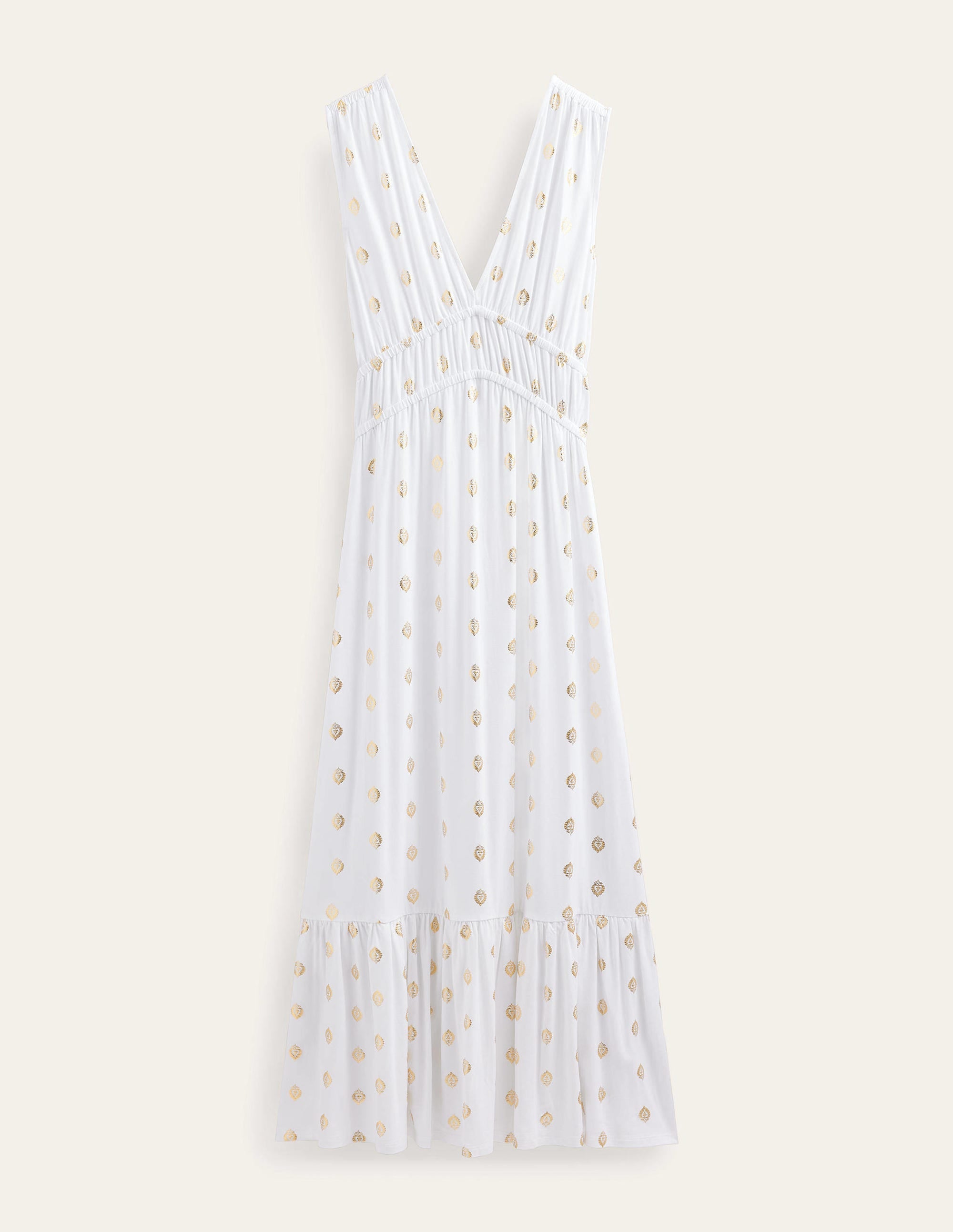 Robe longue en jersey à smocks-Blanc, motif Tranquil Leaf - Image 6