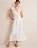 Robe longue en jersey à smocks-Blanc, motif Tranquil Leaf