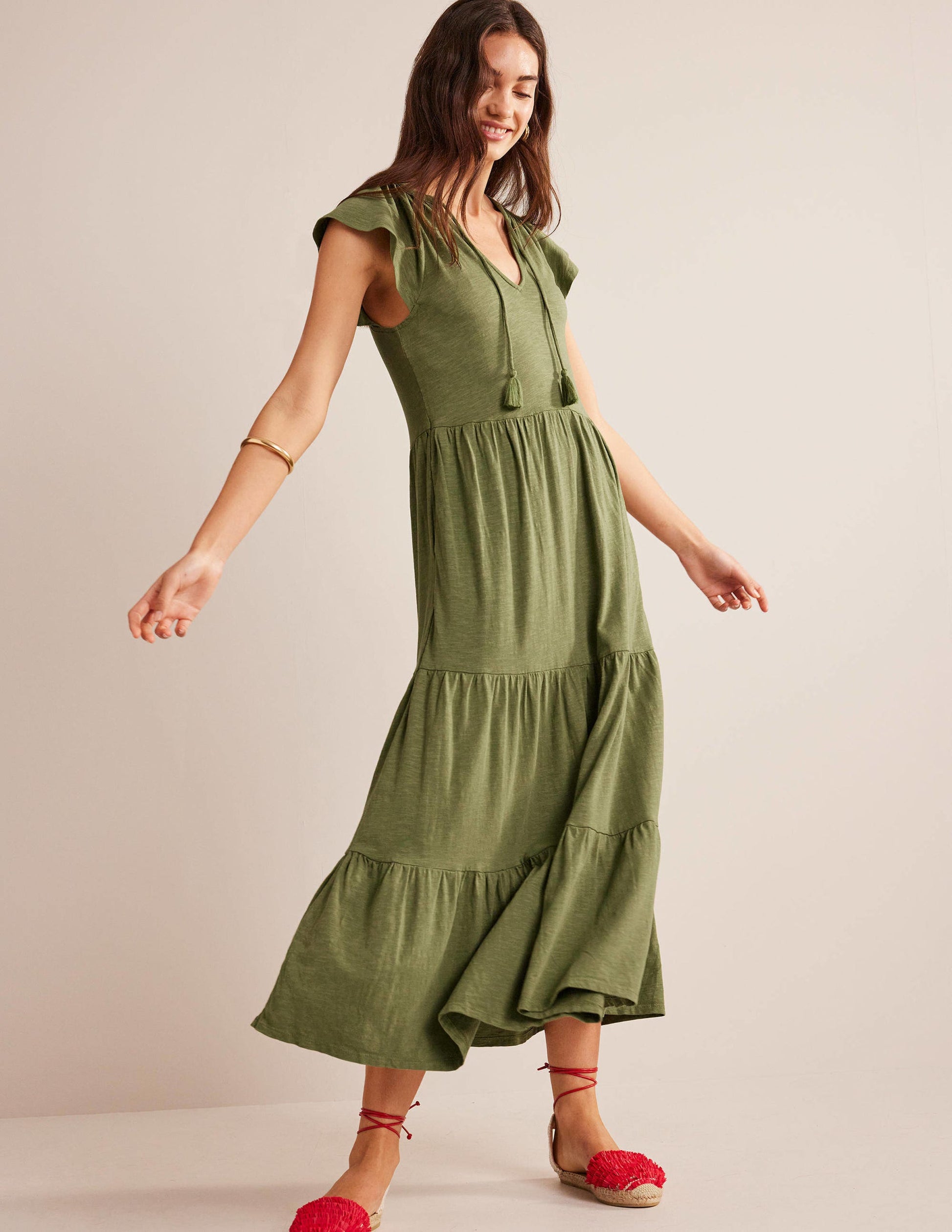 Robe midi en jersey à volants-Kaki délavé-1