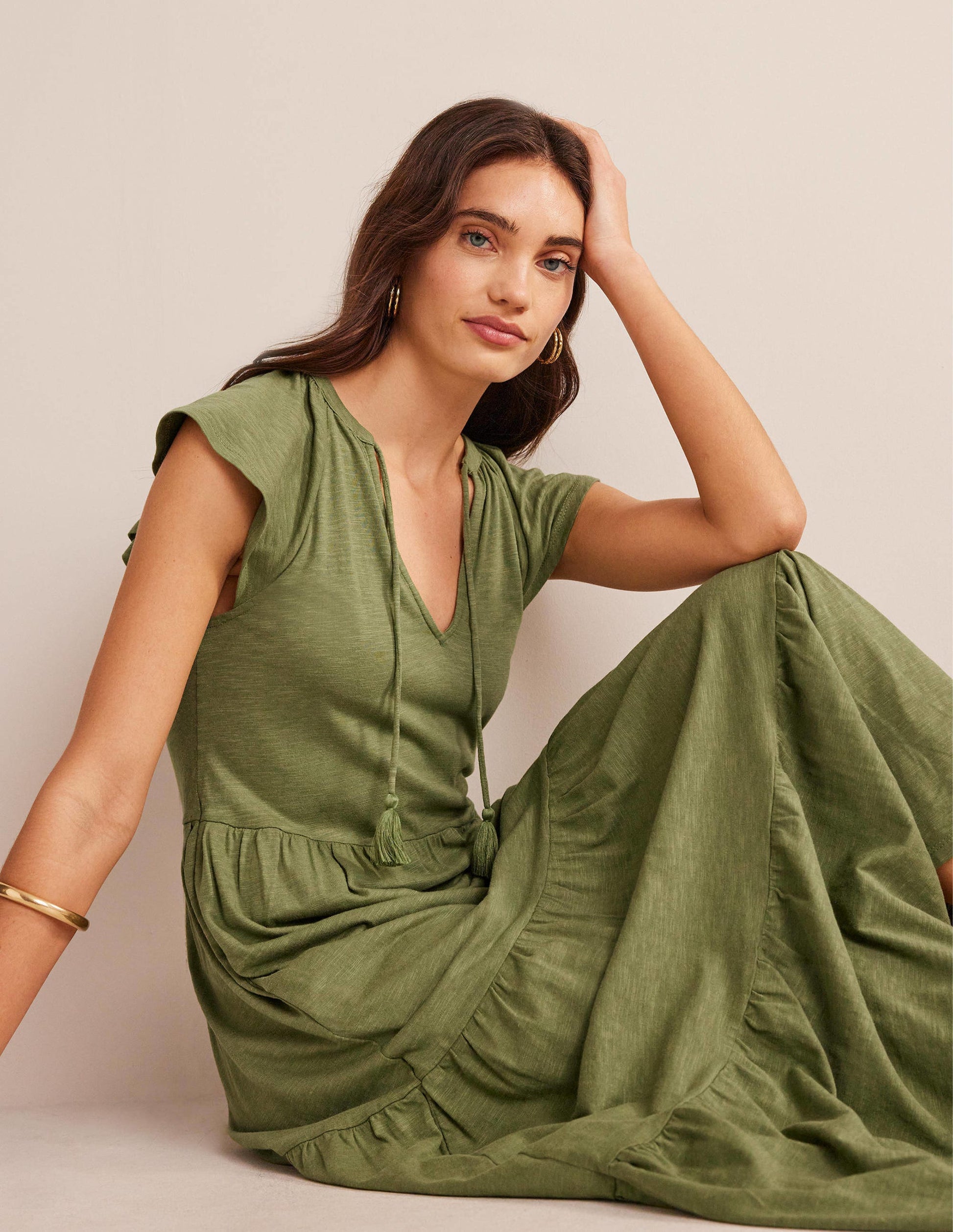 Robe midi en jersey à volants-Kaki délavé-4