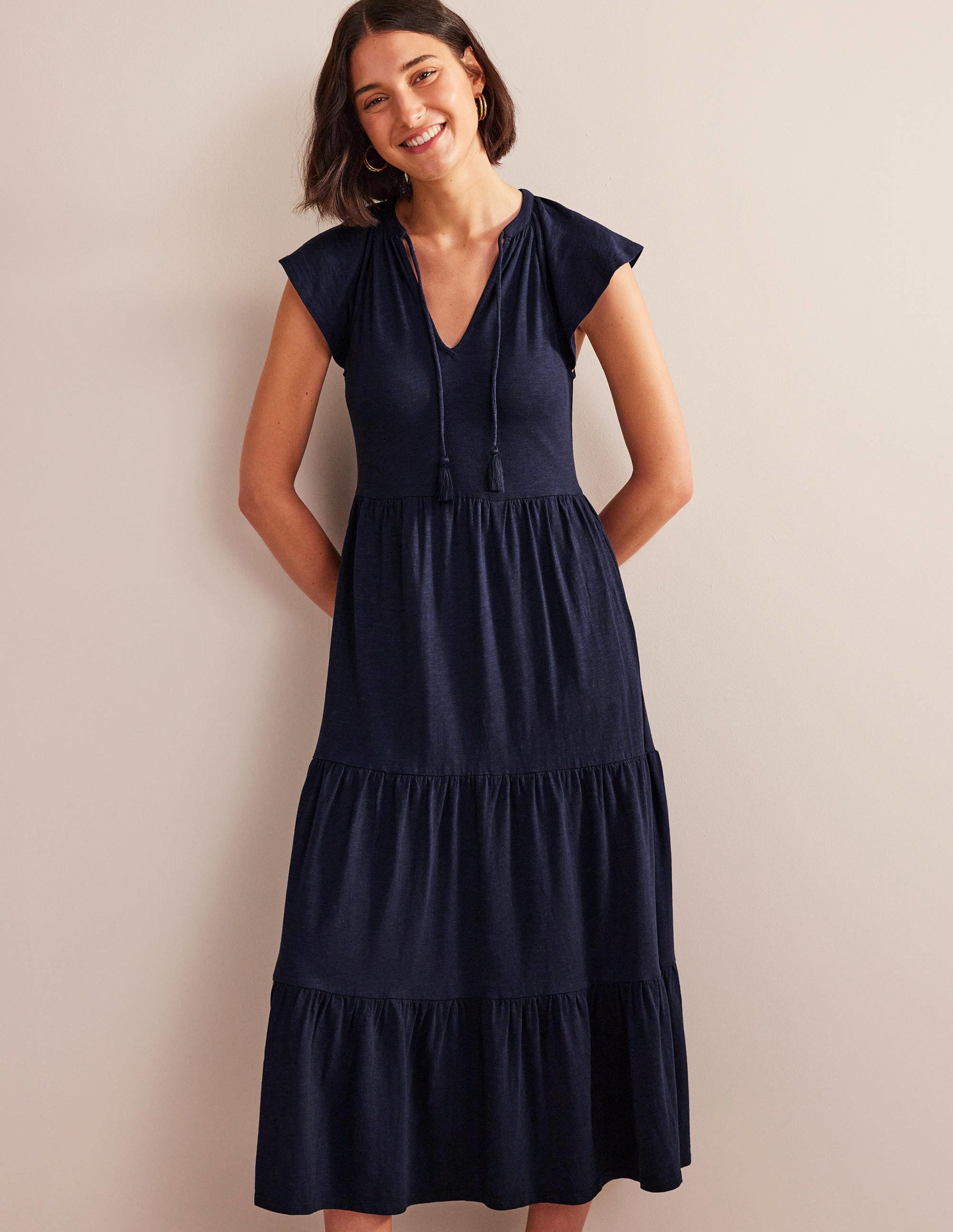 Gestuftes Jersey-Midikleid-Marineblau-4