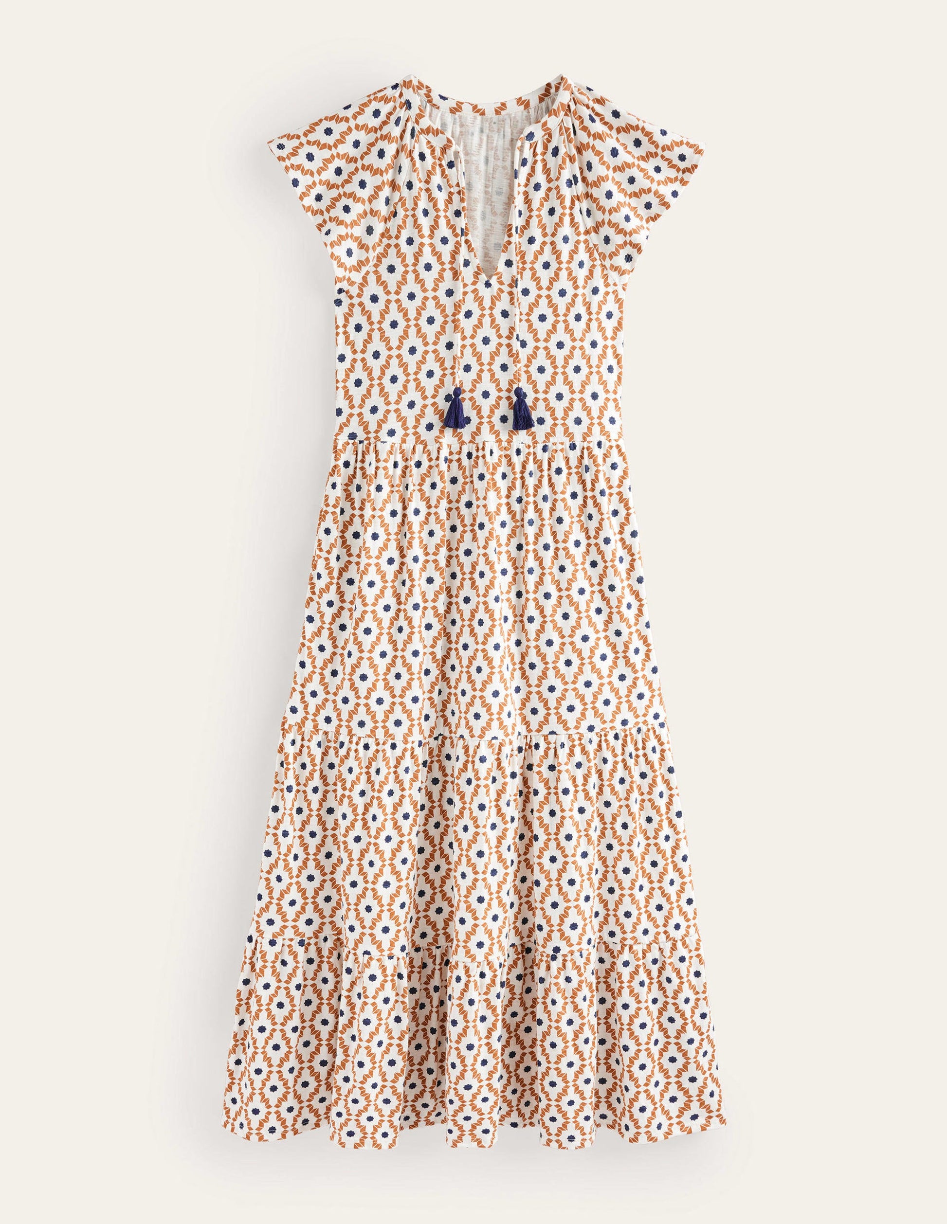 Gestuftes Jersey-Midikleid-Hellgelb, Geometrisches Diamantmuster-8
