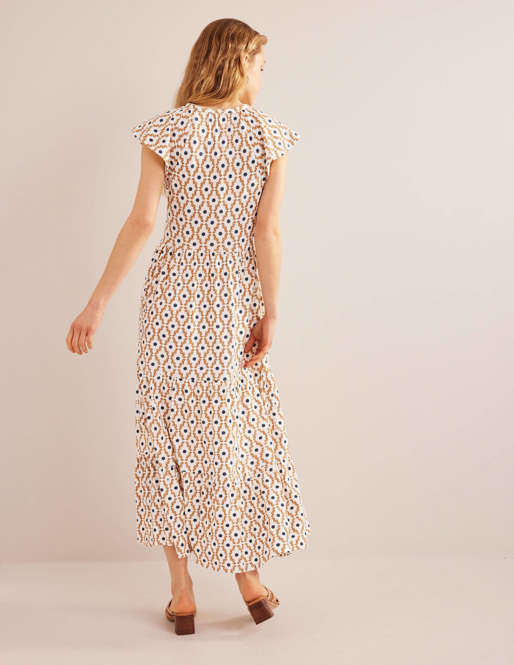 Gestuftes Jersey-Midikleid-Hellgelb, Geometrisches Diamantmuster-3