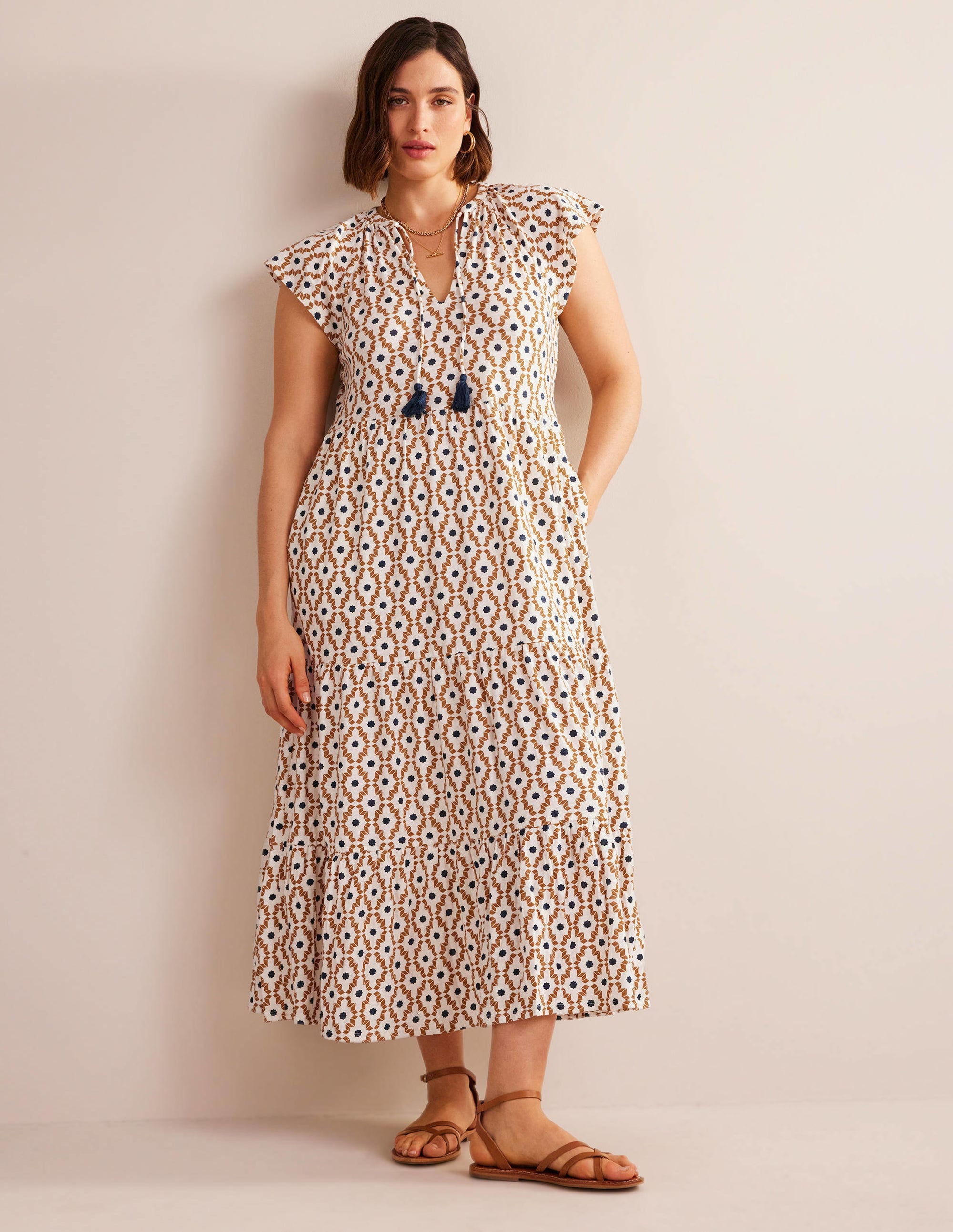 Gestuftes Jersey-Midikleid-Hellgelb, Geometrisches Diamantmuster - Image 6