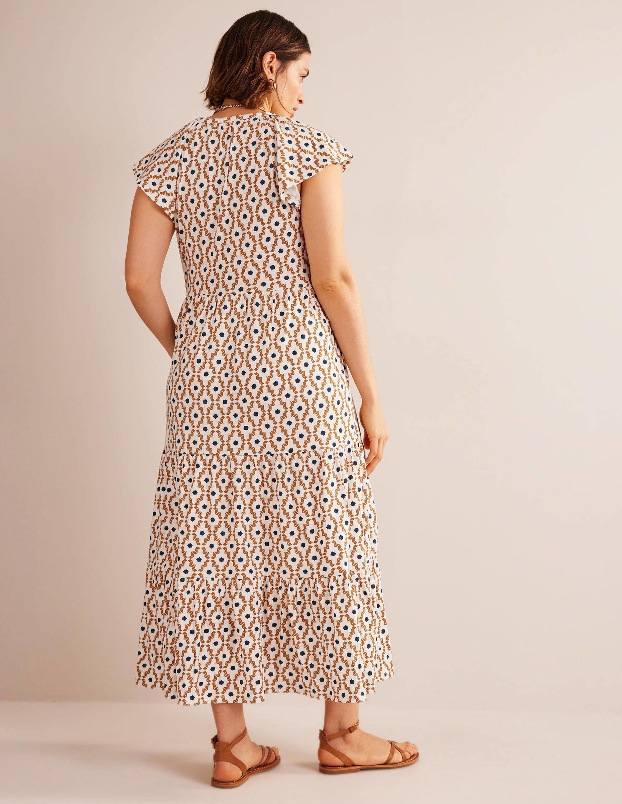 Gestuftes Jersey-Midikleid-Hellgelb, Geometrisches Diamantmuster - Image 7
