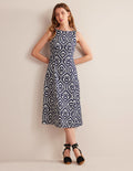 Midikleid mit U-Boot-Ausschnitt-Marineblau, Geometrisches Kaskadenmuster