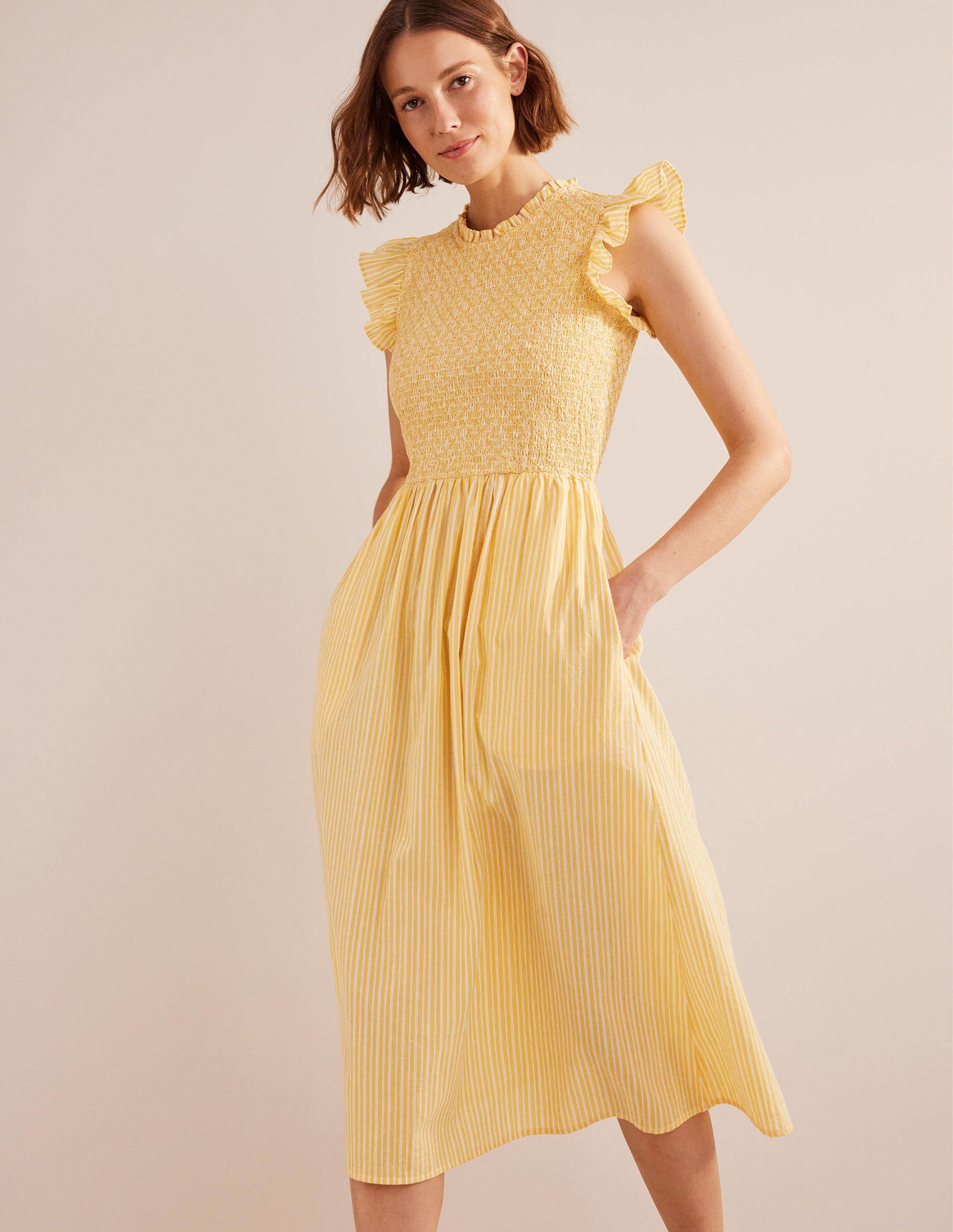 Smocked Bodice Midi Dress-Honeycomb, Leno Stripe-4